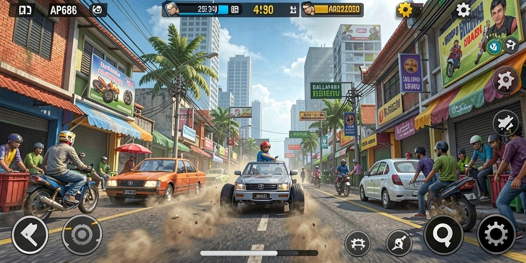 Tampilan utama gameplay AP686 dengan aksi balap yang mendebarkan.