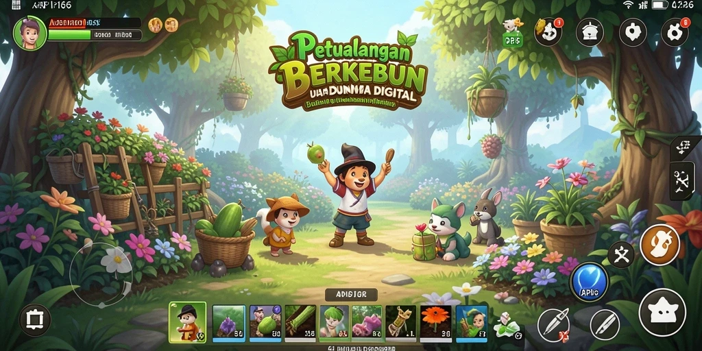Screenshot menunjukkan pemain merawat tanaman di kebun yang indah.