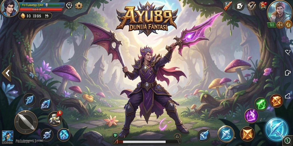 Tampilan layar bermain AYU89 dengan karakter dan lingkungan fantastis.