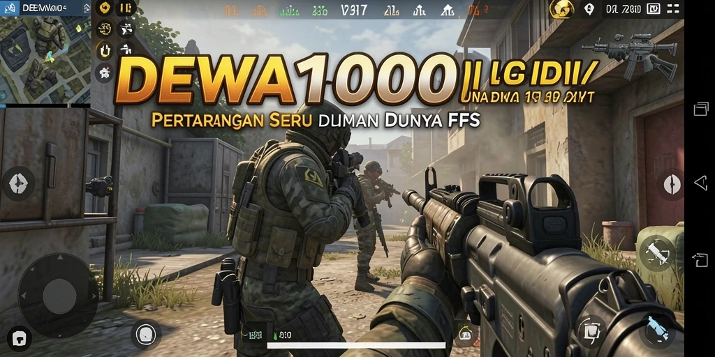 Tangkapan layar menunjukkan aksi intens di DEWA1000 dengan gameplay FPS yang mendebarkan.